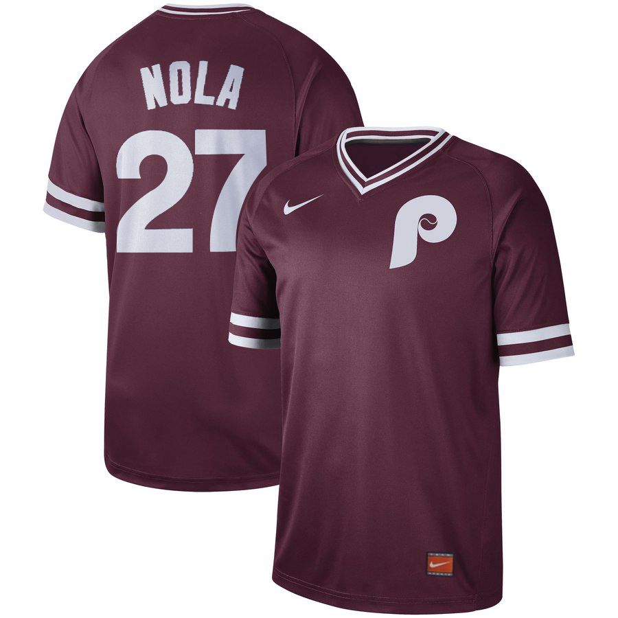 Men Philadelphia Phillies 27 Nola Red Nike Cooperstown Collection Legend V-Neck MLB Jersey